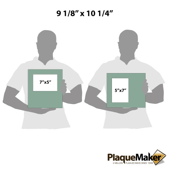 Size Guide With Blank Figures Holding Two Sizes Of Custom Teal Faux Leather Picture Frames Showing Measurements