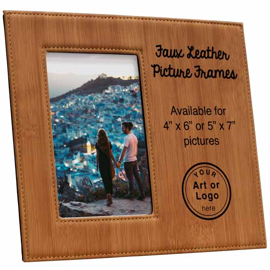 Wood Pattern Faux Leather Picture Frame With Couple Photo And Engraved To Show Customizable Areas For Text And Art