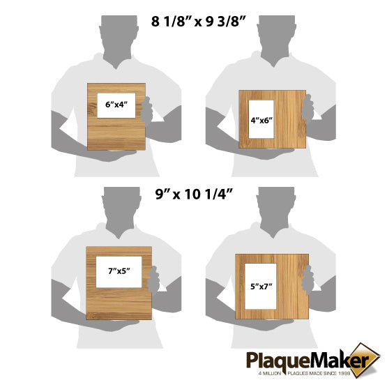 Size Guide With Blank Figures Holding Four Sizes Of Wood Pattern Faux Leather Picture Frames Showing Measurements