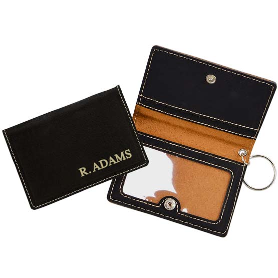 Open And Closed Samples Of Custom Black And Gold Faux Leather Keychain Wallet ID Holder Laser Engraved With Name