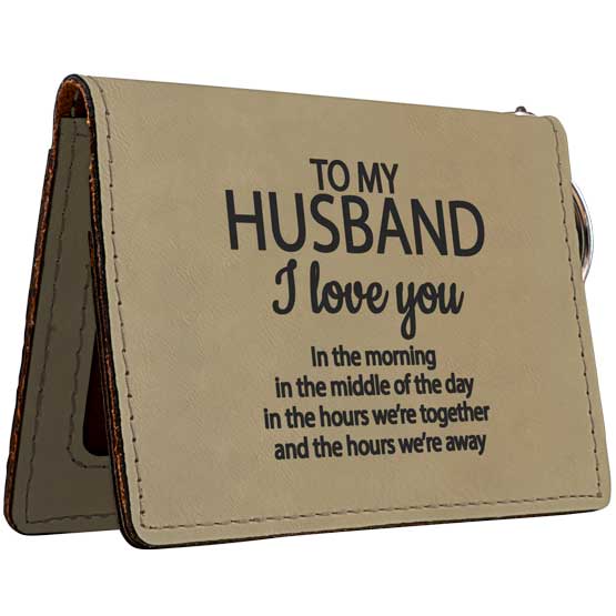 Custom Light Brown Faux Leather Keychain Wallet ID Holder Laser Engraved With Husband Appreciation Message