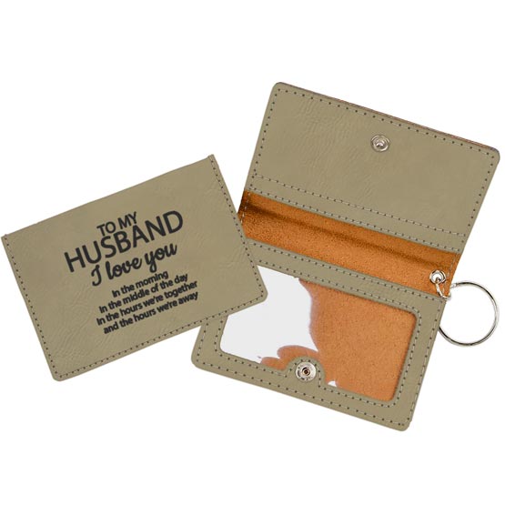 Open And Closed Samples Of Light Brown Faux Leather Keychain Wallet ID Holder Engraved With Husband Appreciation Message