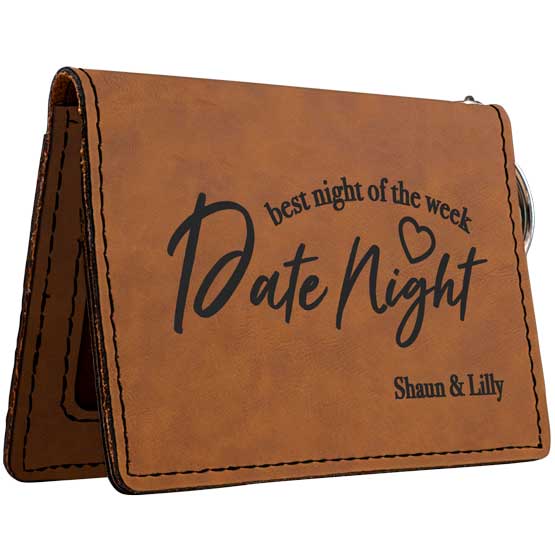 Custom Rawhide Faux Leather Wallet Laser Engraved With Best Night Of The Week Date Night Text And Couple Names