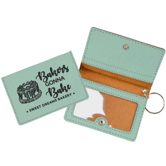 Open And Closed Samples Of Teal Faux Leather Keychain Wallet Engraved With Cake Art And Bakers Gonna Bake Sweet Dreams Bakery