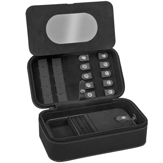 Custom Black And Silver Faux Leather Jewelry Box Opened Up To Show Interior Compartments And Mirror Against White Background
