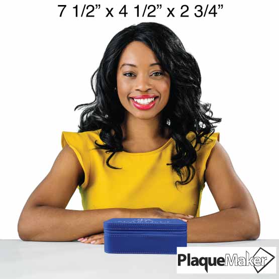 Size Guide With Happy Woman Sitting Behind Blue And Silver Faux Leather Jewelry Box Engraved To Show Customizable Areas