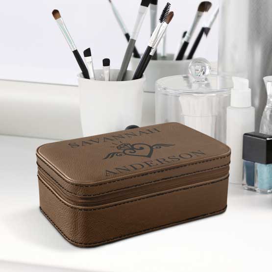 Custom Dark Brown Faux Leather Jewelry Box Engraved With Name And Wedding Ring Art On White Dresser With Makeup Tools