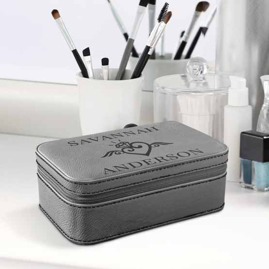 Custom Gray Faux Leather Jewelry Box Engraved With Name And Wedding Ring Art On White Dresser With Makeup Tools
