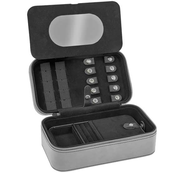 Custom Gray Faux Leather Jewelry Box Opened Up To Show Interior Compartments And Mirror Against White Background