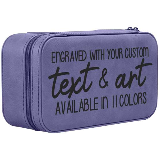 Custom Purple Faux Leather Jewelry Box Laser Engraved To Show Customizable Areas Against A White Background