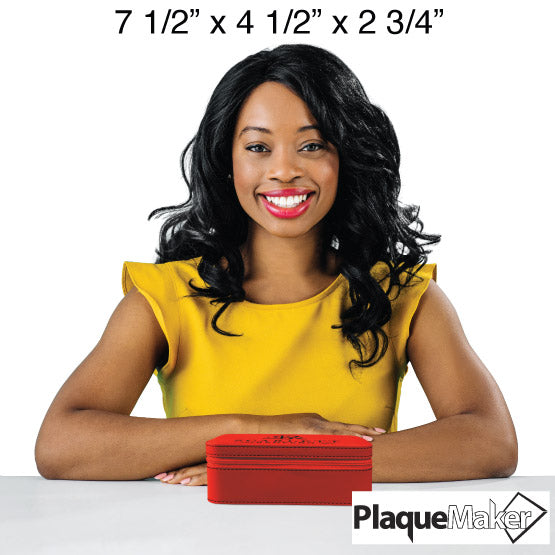 Size Guide With Happy Woman Sitting Behind Red Faux Leather Jewelry Box Engraved To Show Customizable Areas