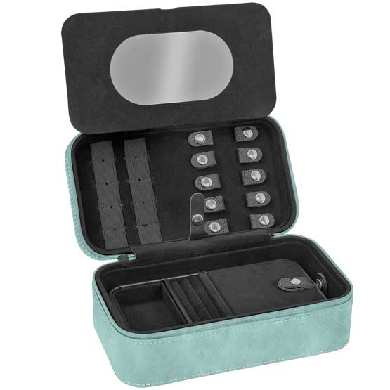 Custom Teal Faux Leather Jewelry Box Opened Up To Show Interior Compartments And Mirror Against White Background