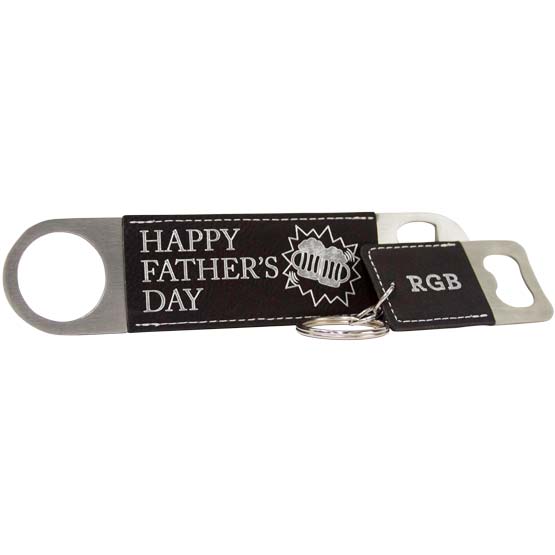 Set Of Custom Black Faux Leather Bottle Opener Engraved With Happy Fathers Day Message And Small Keychain Bottle Opener 