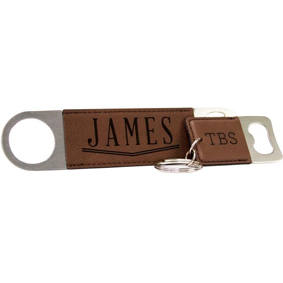 Set Of Custom Dark Brown Faux Leather Bottle Opener Engraved With Name And A Small Keychain Bottle Opener 