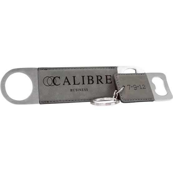 Set Of Custom Gray Faux Leather Bottle Opener Engraved With Company Name And A Small Keychain Bottle Opener 