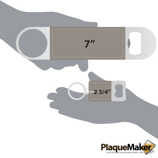 Size Guide With Blank Figure Hands Holding Out Custom Gray Faux Leather Bottle Opener And Small Keychain Bottle Opener