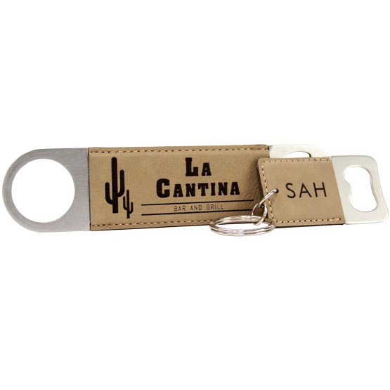 Set Of Custom Light Brown Faux Leather Bottle Opener Engraved With Bar Business Logo And A Small Keychain Bottle Opener 