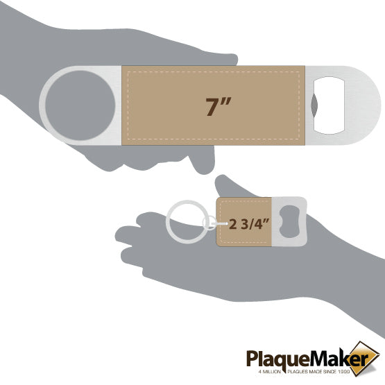 Size Guide With Blank Figure Hands Holding Out Custom Light Brown Faux Leather Bottle Opener And Small Keychain Bottle Opener