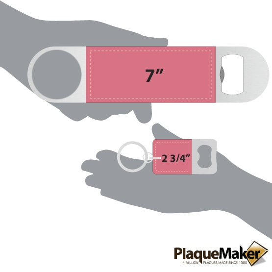 Size Guide With Blank Figure Hands Holding Out Custom Pink Faux Leather Bottle Opener And Small Keychain Bottle Opener