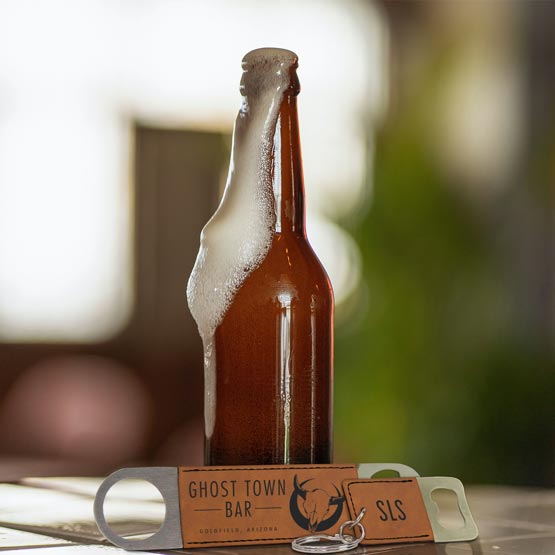 Set Of Custom Rawhide Faux Leather Bottle Opener Engraved With Ghost Town Bar And A Small Keychain Bottle Opener Near Beer