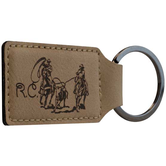 Custom Light Brown Faux Leather Rectangle Keychain Laser Engraved With Initials And Cowboys Lassoing Cow Artwork