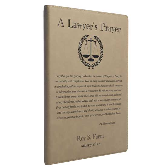 Custom Light Brown Faux Leather Notebook Laser Engraved With Name And Justice Logo And Complete Lawyer’s Prayer