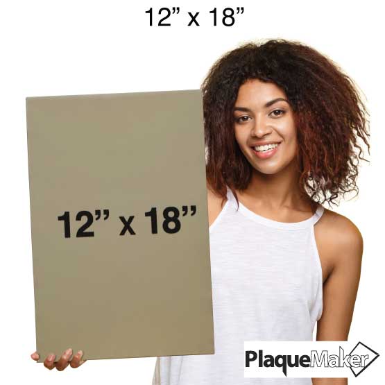 Size Guide With Happy Woman Holding Light Brown Faux Leather Wrapped Rectangle Canvas Engraved To Show Customizable Areas