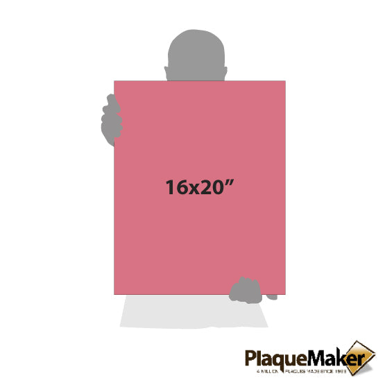 Size Guide With A Blank Figure Holding Pink Faux Leather Wrapped Rectangle Canvas Against White Background