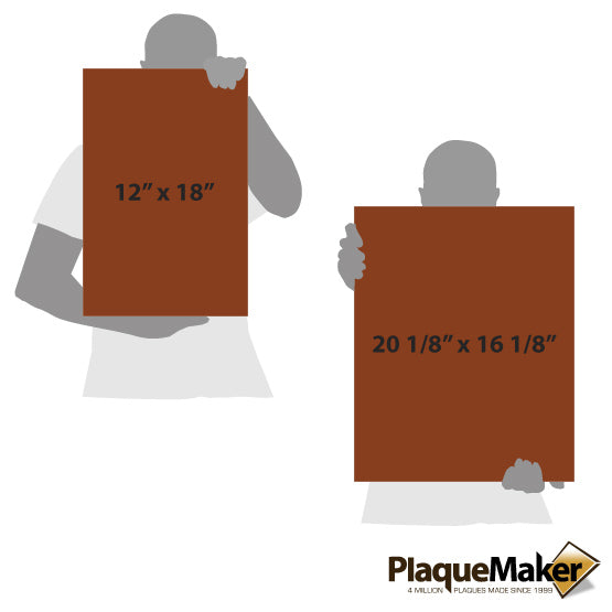 Size Guide With Blank Figures Holding Rawhide Faux Leather Wrapped Rectangle Canvases Against White Background