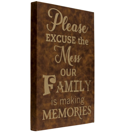 Custom Rustic And Gold Faux Leather Wrapped Rectangle Canvas Engraved With Family Making Mess And Memories Message