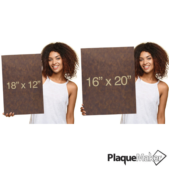 Size Guide With Happy Woman Holding Two Sizes Of Rustic And Gold Faux Leather Wrapped Rectangle Canvas