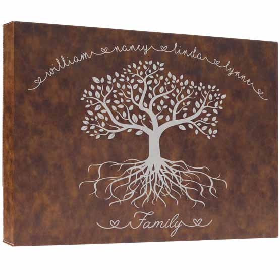 Custom Rustic Faux Leather Canvas Sign Laser Engraved With Elegant Tree Artwork And Cursive Family Names 