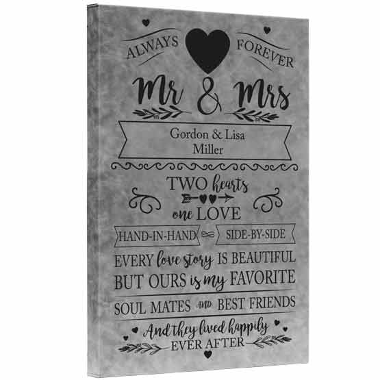 Custom Gray Faux Leather Canvas Engraved With Mister And Missus And Names And Detailed Love Story Message