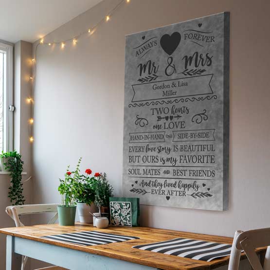 Custom Gray Faux Leather Canvas Engraved With Mister And Missus And Love Story Message On Dining Room Wall Over Table