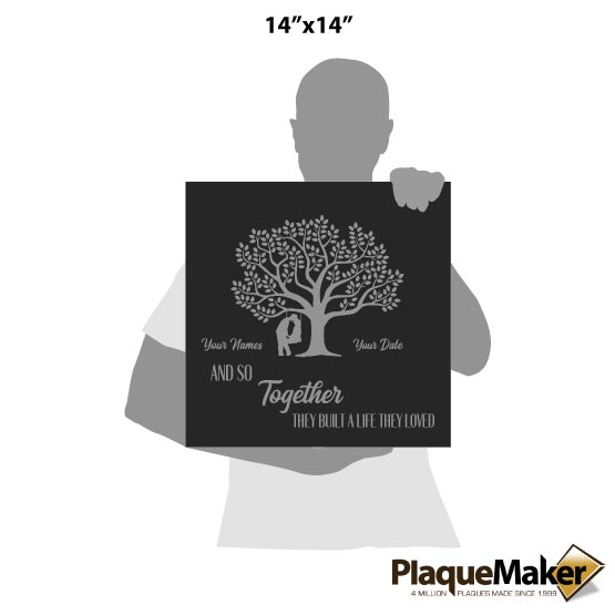 Size Guide With Blank Figure Holding Black Faux Leather Canvas Engraved With Tree And Couple Art And Romantic Message