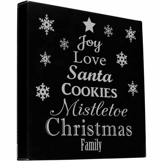Black Faux Leather Wrapped Square Canvas Laser Engraved With Snowflakes And Festive Words Making A Christmas Tree Shape