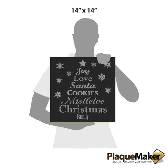 Size Guide With Blank Figure Holding Black Faux Leather Wrapped Square Canvas Engraved With Typography Christmas Tree