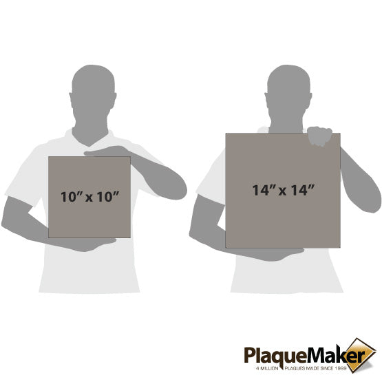 Size Guide With Blank Figures Holding Two Sizes Of Custom Gray Faux Leather Wrapped Square Canvases Against White Background