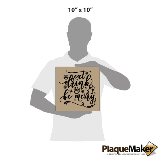 Size Guide Of Blank Figure Holding Light Brown Faux Leather Wrapped Square Canvas Engraved With Eat Drink And Be Merry