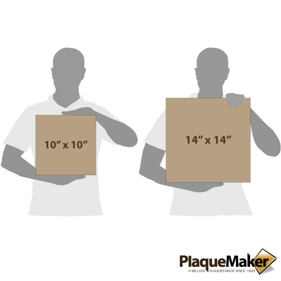 Size Guide With Blank Figures Holding Two Sizes Of Custom Light Brown Faux Leather Wrapped Square Canvases