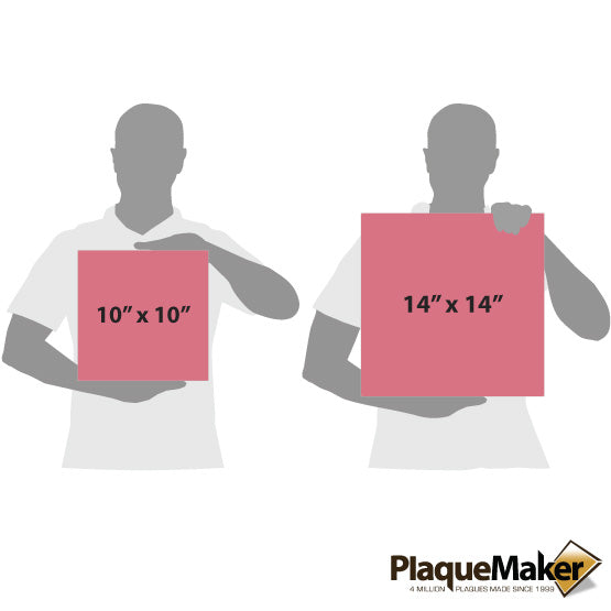 Size Guide With Blank Figures Holding Two Sizes Of Custom Pink Faux Leather Wrapped Square Canvases Against White Background