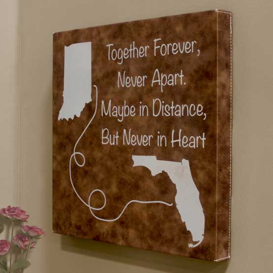 Rustic And Silver Faux Leather Wrapped Square Canvas Engraved With Together Forever Text And Connected States Art On A Wall