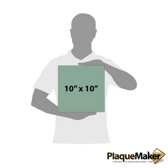Size Guide With A Blank Figure Holding One Size Of A Custom Teal Faux Leather Wrapped Square Canvas Against White Background