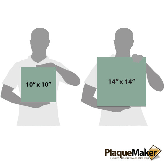 Size Guide With Blank Figures Holding Two Sizes Of Custom Teal Faux Leather Wrapped Square Canvases Against White Background