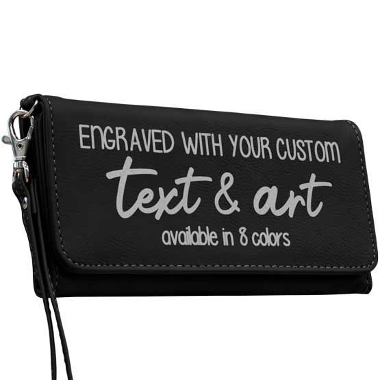 Black Faux Leather Trifold Wallet With Wrist Strap And Engraved To Show Customizable Areas For Text And Artwork