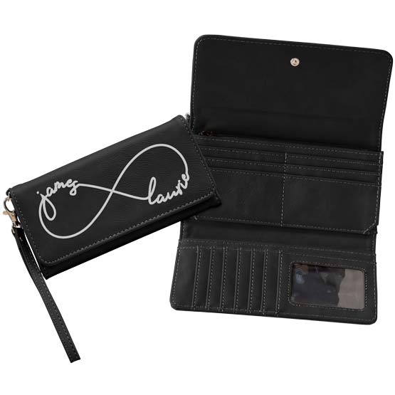 Custom Black Faux Leather Trifold Wallet With Wrist Strap And Engraved Names Beside Example Of The Wallet Opened Up