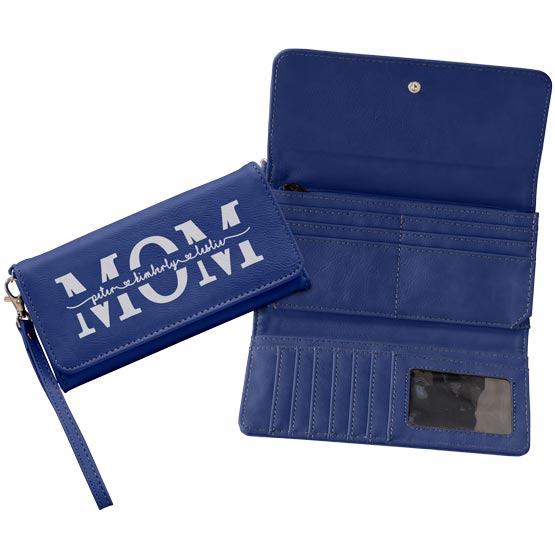Custom Blue Faux Leather Trifold Wallet With Wrist Strap And Engraved Names Beside Example Of The Wallet Opened Up