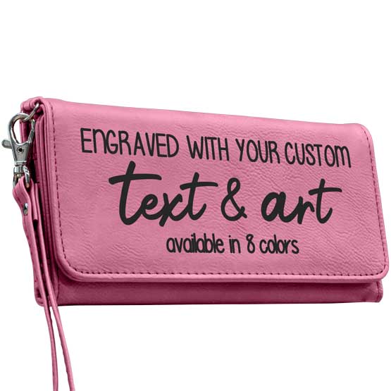 Custom Pink Faux Leather Trifold Wallet With Wrist Strap And Laser Engraved To Show Customizable Areas For Text And Art