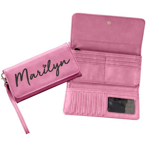 Custom Pink Faux Leather Trifold Wallet With Wrist Strap And Engraved Name Beside Example Of The Wallet Opened Up