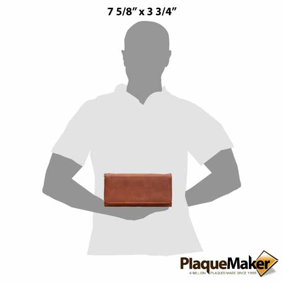 Size Guide With Blank Figure Holding Custom Rawhide Faux Leather Trifold Wallet With Wrist Strap Against White Background